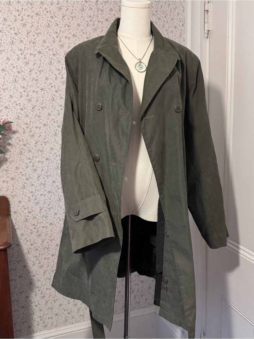 VINTAGE Olive Green Double-Breasted Trench Coat